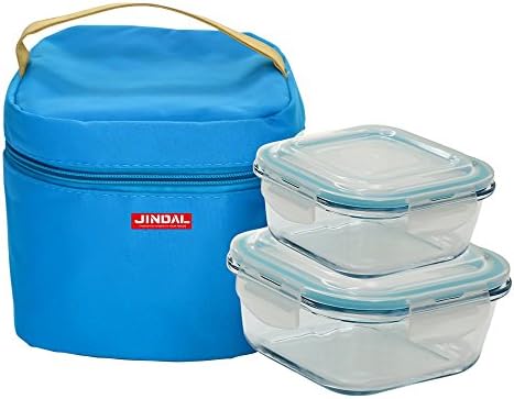 Jindal Microwaveable Borosilicate Glass Square Container S/2 520 &amp; 800 Ml W/Lid &amp; Lunch Bag