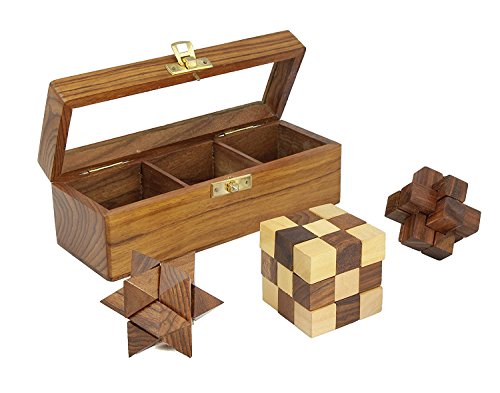 Indian Glance 3D Puzzles for Kids| Adults | Teens | Boys | Girls | Fun- Includes Wood Interlocking Blocks, Diagonal Burr, and Snake Cube in Storage Box - Wooden Puzzle Games Set