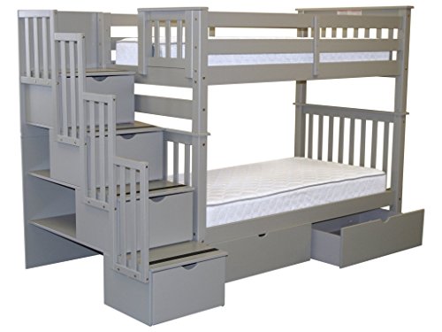 Bedz King Tall Stairway Bunk Beds Twin over Twin with 4 Drawers in the Steps and 2 Under Bed Drawers, Gray