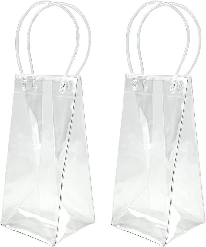 HREDZEO Ice Wine Bag,2 Pcs Wine Ice Bag Wine Bottle Cooler Portable Collapsible Clear Transparent PVC Leakproof Ice Pouch Bags with Handle for Party Outdoor,Pubs and Restaurants,Home