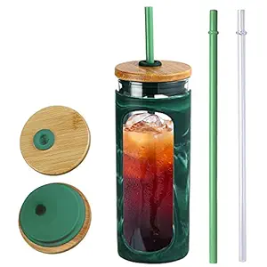 Kodrine 20oz Glass Water Bottle with Straw and Lid,Bamboo Lids Water Tumbler, Iced Coffee Cup Reusable, Wide Mouth Smoothies Cup, Straw Silicone Protective Sleeve BPA FREE-Green