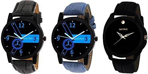 Matrix Black Dial & Multicolor Leather Strap Analog Watches for Men/Boys - Combo (Pack of 3) - (TRP-21)