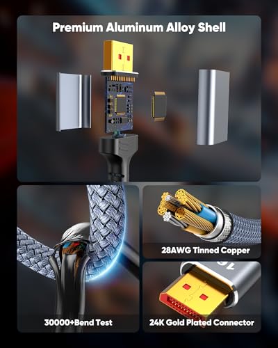 Highwings 80Gbps Displayport Cable 2.1 6.6FT, 16K@60Hz, 8K@120Hz, 4K@240Hz, DP 2.1 Cable 16K Braided Cord, Compatible with HDR10 DSC 1.2a, G-Sync FreeSync Gaming PC, Gaming Monitor 5090, AMD 7900XTX