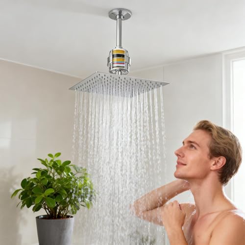 Voolan Rain Shower Head and Shower Filter Set, High Pressure Shower Heads Made of Stainless Steel, Filter Cartridge for Hard Water (25 cm, Square)