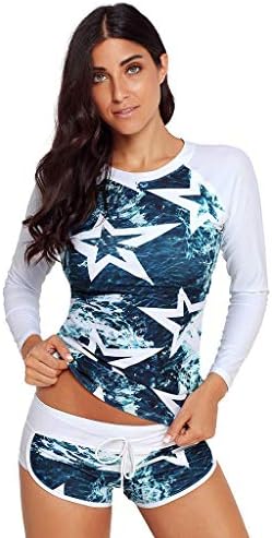 Women Long Sleeve Rash Guard, Two Piece UV Sun Protection UPF 50+ Swimsuit Set for Water Sports Surfing Swimming