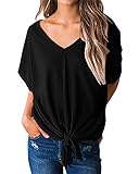 YOMISOY Womens V Neck Knitted Ribbed T Shirt Loose Casual Tie Knot Short Sleeve Tops
