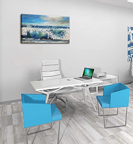Canvas Wall Art Blue Abstract Seascape Painting Large Size Ocean Waves Single Picture Print, Blue Sky And White Clouds Modern Scenery Sailing Boat In The Ocean Art Frame Living Room Bedroom Home