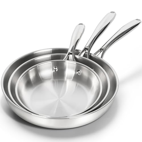 MICHELANGELO 18/10 Stainless Steel Frying Pan Set, 20/24/28cm Steel Frying Pans, Triply Base Stainless Steel Pans Set with Ergonomic Handle, Induction Compatible