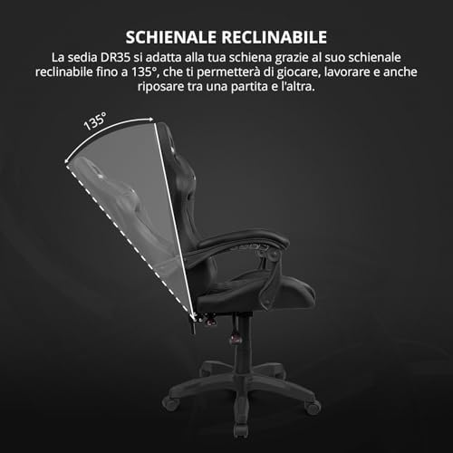 DR35 – Sedia Gaming Ergonomica Professionale con Braccioli 2D Regolabili, Supporto Lombare e Cervicale, Reclinabile a 135°, Rivestimento in Pelle Sintetica, Ruote Silenziose, Nero