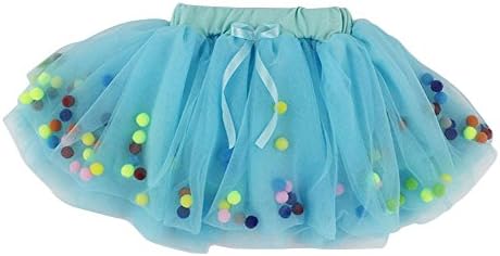Laurelor Baby Girl Cute Rainbow Pom Pom Puff Ball Tulle Tutu Dress Lace Skirt,Lake Blue 2T-3T