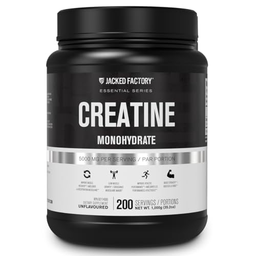 Jacked Factory Creatine Monohydrate Powder 1000g - Creatine Supplement for Muscle Growth, Increased Strength, Enhanced Energy Output and Improved Athletic Performance 200 Servings, Unflavored