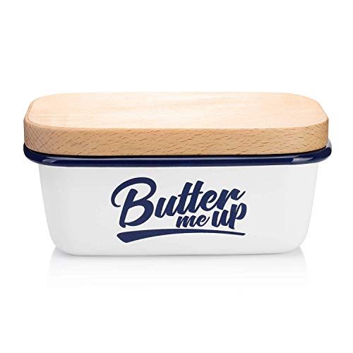 SveBake Butter Dish - Enamel Butter Boat with Beechwood Lid, Butter me up, White - Thumbnail 6