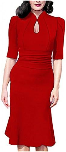 Destinas Women's Vintage Style Retro 1940s Shirtwaist Flared Tea Dress (S, Red2)