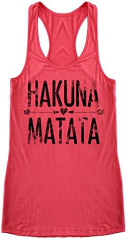 NioBe Women's Beach Gym Yoga Workout Casual Graphic Tank Top (Large, Hakuna Matata (Coral))