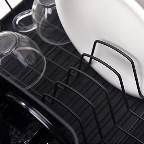 Black Kitchen Dish Drying Rack with Black Drain Board for Plates, Forks&Knife and Cups