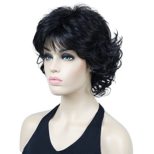 Lydell 12" Short Curly Wigs Soft Shaggy Layered Classic Cap Full Synthetic Wigs (Natural Black)