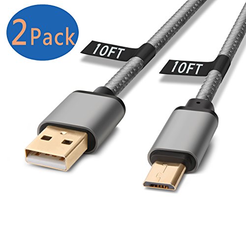 Galaxy S7/ S6 Edge Charger, X-EDITION Micro USB Cable 2 Pack 10Ft Braided Long Cord Fast Charging Cable for Samsung Galaxy S7 S6 Edge S4, Note 5, Moto G5 Plus, LG G4 G3, HTC, PS 4, Android More (Grey)