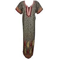 Mogul Interior Womens Printed Caftan Nightgown Embroidered Cotton Maxi Dress Large