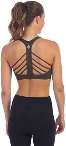 American Fitness Couture Womens D.T.L.A. Strappy Ribbed Racer Back Medium Support Sport Bra, Military Green