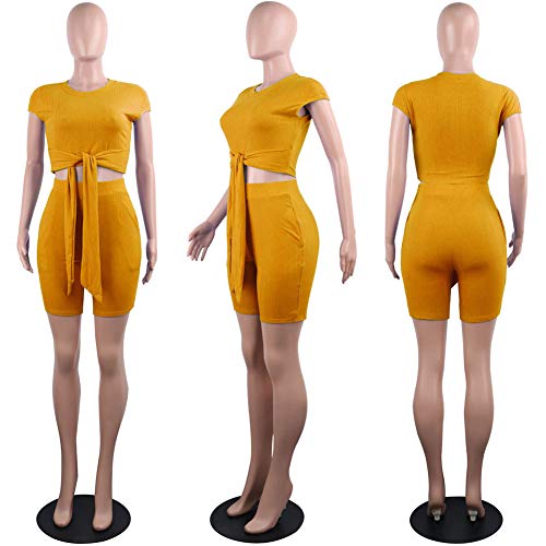 Women Sexy 2 Piece Outfits- Short Pant Set Tie Crop Top Jumpsuits with Sleeve Pockets Yellow S