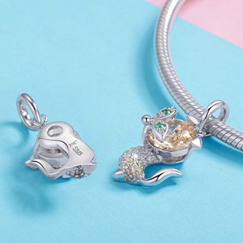BAMOER Sterling Silver Charm Lucky Fox Crystal Animal Charms Pendant Fits Original Bangle Bracelet