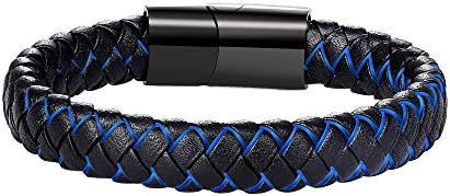 CHOMAY Top Grain Cowhide Mens Leather Bracelet Black and Blue Braided Bangle Steel Magnet Clasp Gift Box