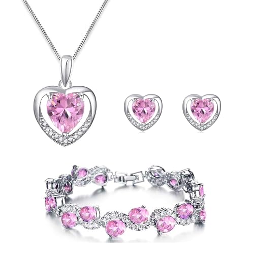 Baobei jewellery Set for Women, Sterling Silver clear Crystal Zirconia Heart Pendant Necklace and Earrings with Bracelet jewellery Set for Women and Girls, Birthday Gifts (pink heart set)