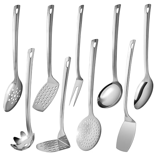 9 Pcs Premium Stainless Steel Kitchen Cooking Utensils Set Metal Cooking Utensils Tools Nonstick Heat Resistant -Ladle, Slotted Spoons, Slotted Turners, Masher, Fork, Skimmer, Spaghetti Server 13