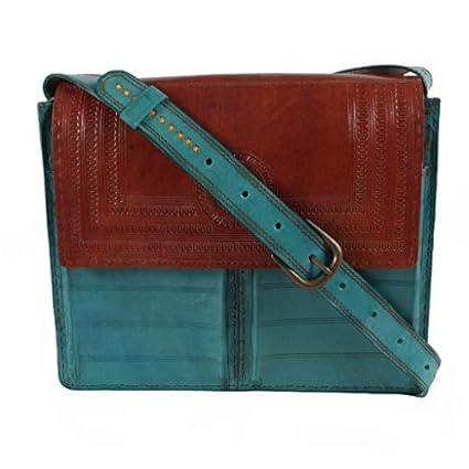 Brown and Turquoise Square Leather Satchel Bag with Kutch Punch Work