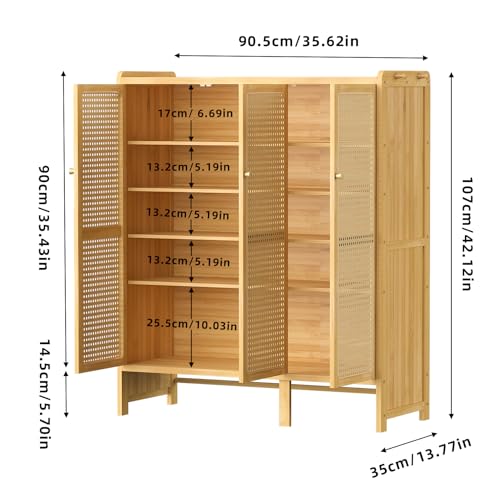 Bamboo Shoe Cabinet with Rattan Doors, 5-Tier Entryway Shoe Shelf Organizer, Storage Cabinet with Hooks Shoe Chest for Hallway Living Room Bedroom 90.5x35x107cm
