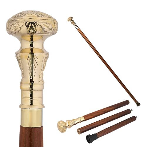 Ajuny Walking Sticks for Men Women Seniors Wooden Canes with Detachable Brass Round Flower Handle Golden Finish Decorative Cane Gifts 36 Inch