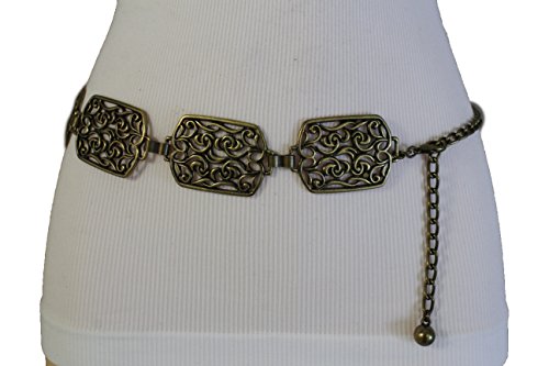 TFJ Women Ethnic Fashion Belt Hip Waist Antique Gold Metal Filigree Charms S M L