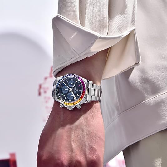 RollsTimi Pagani Design PD1644 Men’s Quartz Chronograph Watch VK63 Movement, Sapphire Crystal, Rainbow Bezel, Stainless Steel, 100M Water Resistant Sports Wristwatch