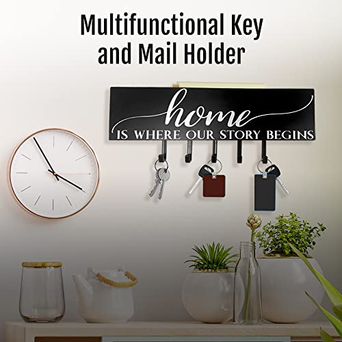Black Key Holder For Wall With Hidden Mail Organizer - Decorative and Unique 5 Key Rack Hooks
