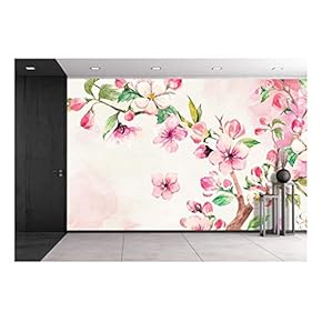 Large Wall Mural - Watercolor Style Ink Painting Pink Cherry Blossom on Branch | Self-Adhesive Vinyl Wallpaper/Removable Modern Wall Decor - 66x96 inches