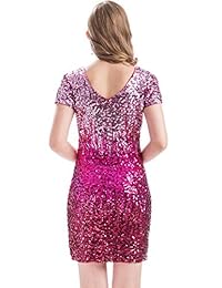 MANER vestido de manga corta con lentejuelas y purpurina, sexy, cuello en V, para fiesta