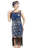 BABEYOND 20's Vintage Peacock Sequin Fringed Party Flapper Dress (Blue with Black Fringe, Small)