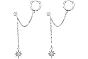 DTJA Star 925 Sterling Silver Double Piercing Earrings Huggie Cuff Chain for Women Teen Girls 2 Holes CZ Charm Dangle Drop Small Hoop Earrings Cartilage Climber Jewelry