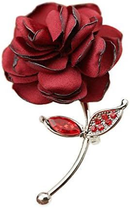 Corsage Lapel Pin for Men and Women Silk Fabric Rose Flower Rhinestone Brooch for Men's Suit or Women's Dress - Red and Blue