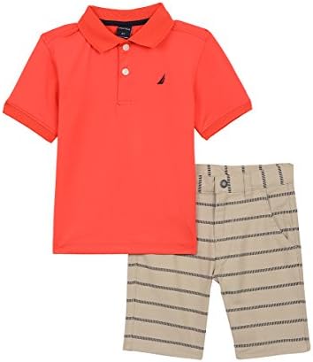 Nautica Boys' Two Piece Set With Polo Shirt and Pull On Short, Scarlet Stripe, 2T