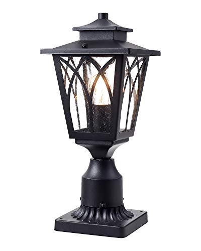 JAZAVA Outdoor Post Light Mounted Fixtures, Exterior Post Lantern LED Street Light with 3-Inch Pier Mount Base One-Light for Patio, Black Finish with Seeded Glass