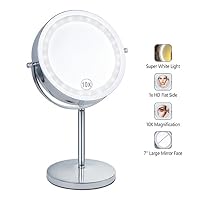 Benbilry Lighted Makeup mirror - LED Double Sided 1x/10x Magnification Cosmetic Mirror,7 Inch Battery-Powered 360 Degree Rotation Vanity Mirror with On/Off Push-Button (10x Button Switch Mirror)