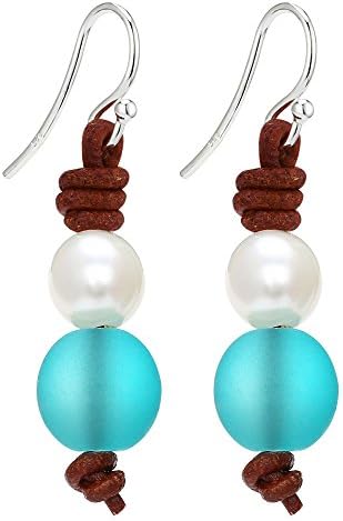 Women Sterling Silver Cultured Freshwater Pearl Ball Dangle Earring With Genuine Leather Beaded Drop Earrings Green