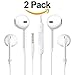 Earphones with Microphone [2 Pack] Premium Earbuds Stereo Headphones and Noise Isolating headset Made for Apple iPhone iPod iPad - White