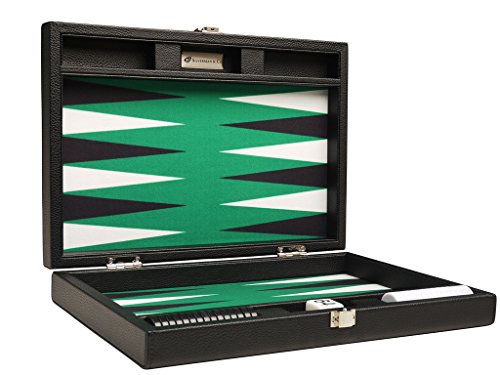 13-inch Premium Backgammon Set - Travel Size - Black Board, Green Playing Surface, Black and White Points