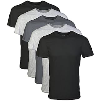 A stack of five Gildan Men’s Crew T-Shirts in a multi-pack, featuring black, gray, and white colors, displayed against a plain background.
