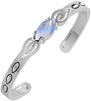 GOURIK 5.15ct, Genuine Cabochon Rainbow Moonstone 8x16mm Marquise & Silver Plated Bangle