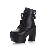 WeenFashion Women's Round Toe High Platform Ankle Strap Lace-up Closure Chunky Heels PU Boots with Zipper