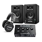 M-AUDIO BX4 Pair Bluetooth Studio Monitors Bundle with Dual XLR Audio Interface and Headphones for Studio Recording, Music Production, Podcasting, Streaming