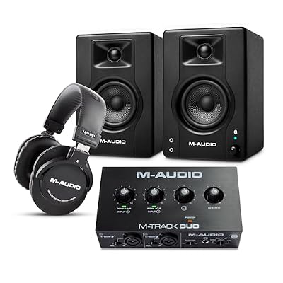 M-AUDIO BX4 Pair Bluetooth Studio Monitors Bundle with Dual XLR Audio Interface and Headphones for Studio Recording, Music Production, Podcasting, Streaming